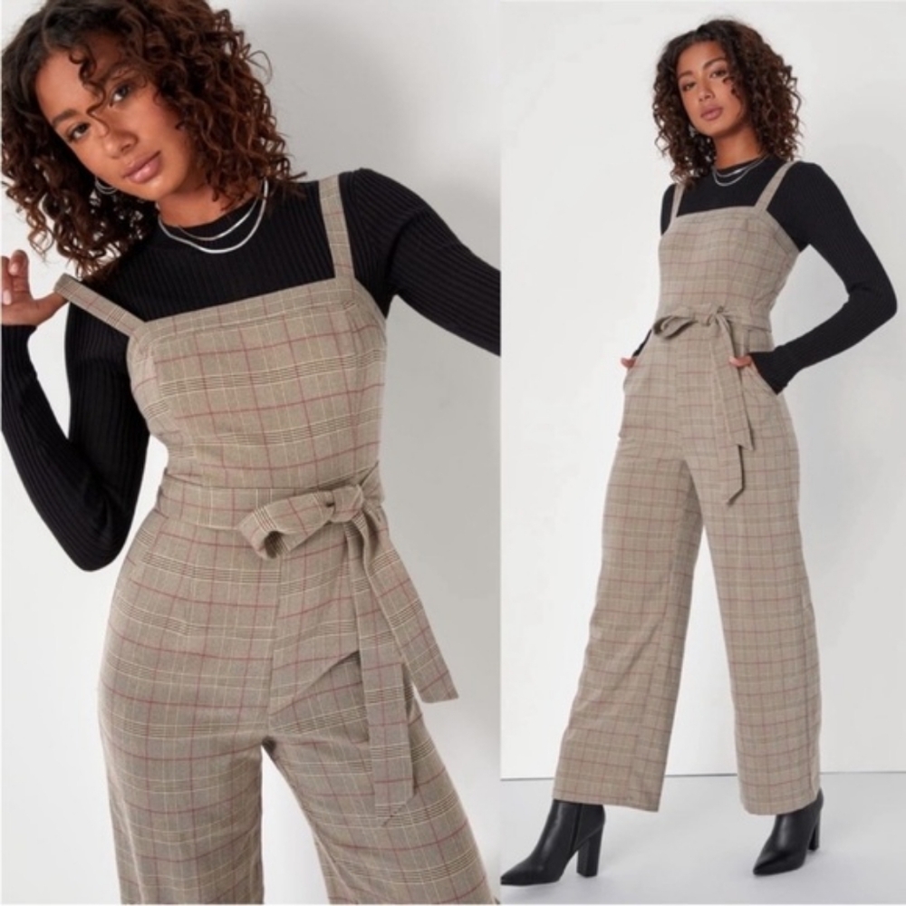 Lulu's Autumn Essential Brown Plaid Sleeveless Wide Leg Jumpsuit Medium